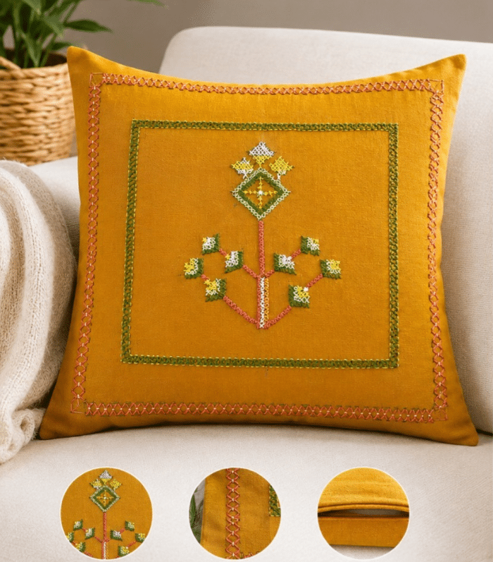 Hand Embroidered Dark Yellow Cushion Cover Set